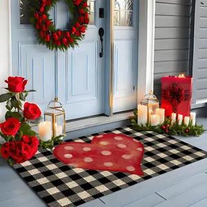 A Valentine'S Day Doormat Featuring a Heart Plaid Pattern, Suitable for Both Indoor And Outdoor Use. This Comfortable Flannel Mat, Designed with a Red Heart Motif, Is Ideal for Decorating Kitchens, Homes, Offices, Laundry Rooms