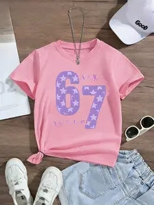 Girls' Casual Round Neck Short Sleeve T-Shirt, Graphic Tee, Elastic Fabric, Sports & Leisure Wear, Outdoor Indoor Activities, Fashionable Kids Clothing