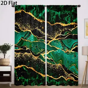 2D Flat 2Pcs Emerald Green Gold Black Marble Texture Curtains, Modern Abstract Geometric Window Drapes for Living Room Bedroom Decor, Luxury Style Art Home Decoration Translucent tube bag design
