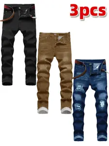 Men's slim-fit solid-color jeans 3 packs, comfortable and durable, meet the full needs of daily wear, 5-pocket design