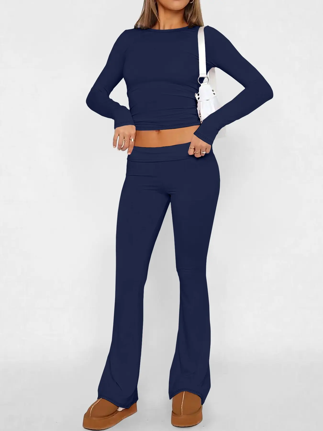 Stylish Casual Basic Women's Long Sleeve Solid Cropped Top with High Waist Flare Pants Set, Lightweight Fall Fashion for Trendy Womenswear Outfits Clothes, High Waisted Sets