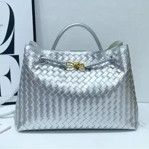 Niche Commuter Tote Bag with Metal Rope Buckle Woven Handbag Large Capacity Vintage Bucket Design in Silver for Daily Use