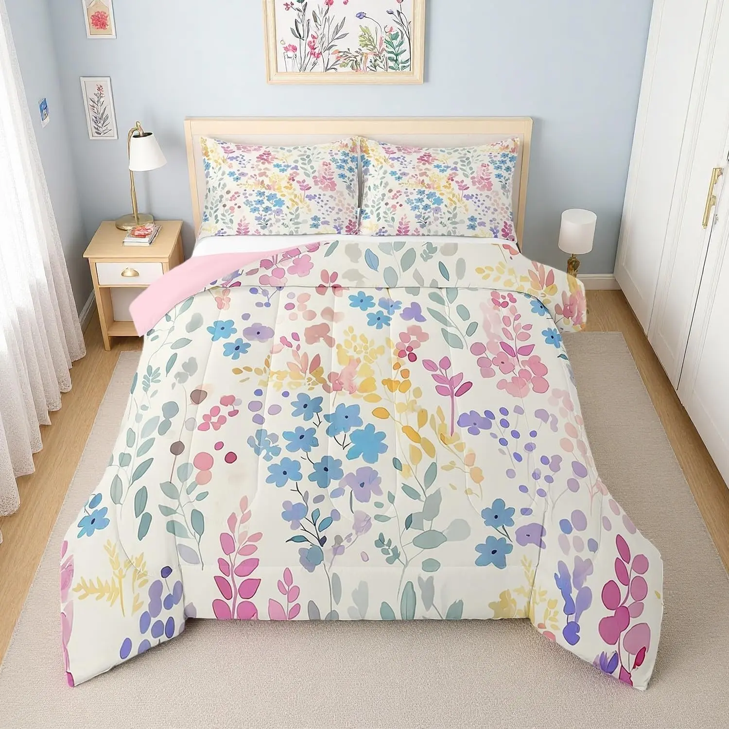Colorful Flower Comforter Set,Cute Boho Blue Floral Bedding Set Room Decor,Rustic Wildflower Quilt Bed Set Watercolor Flowers Bed Comforter Set