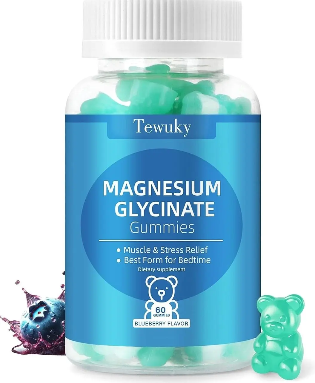Magnesium Glycinate Gummies 500mg, Sugar-Free for Adults & Kids, Magnesium Gummies for Sleep, Stress & Muscle Relief, Supports Bone & Nerve Health, Vegan, Pectin-Based, 60 Count, Blueberry Flavor