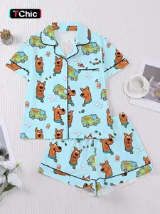 Women's Cartoon Pajama Set, Short Sleeve Button Front Top & Elastic Shorts, Elegant Fitted Sleepwear, Comfortable Home