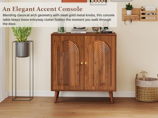 Giratree 31.5" Accent Storage Cabinet, Arched Fluted 2-Door Sideboard | Seamless arched fluted doors, adjustable shelf, soft-close hinges, tapered solid wood legs for versatile room storage