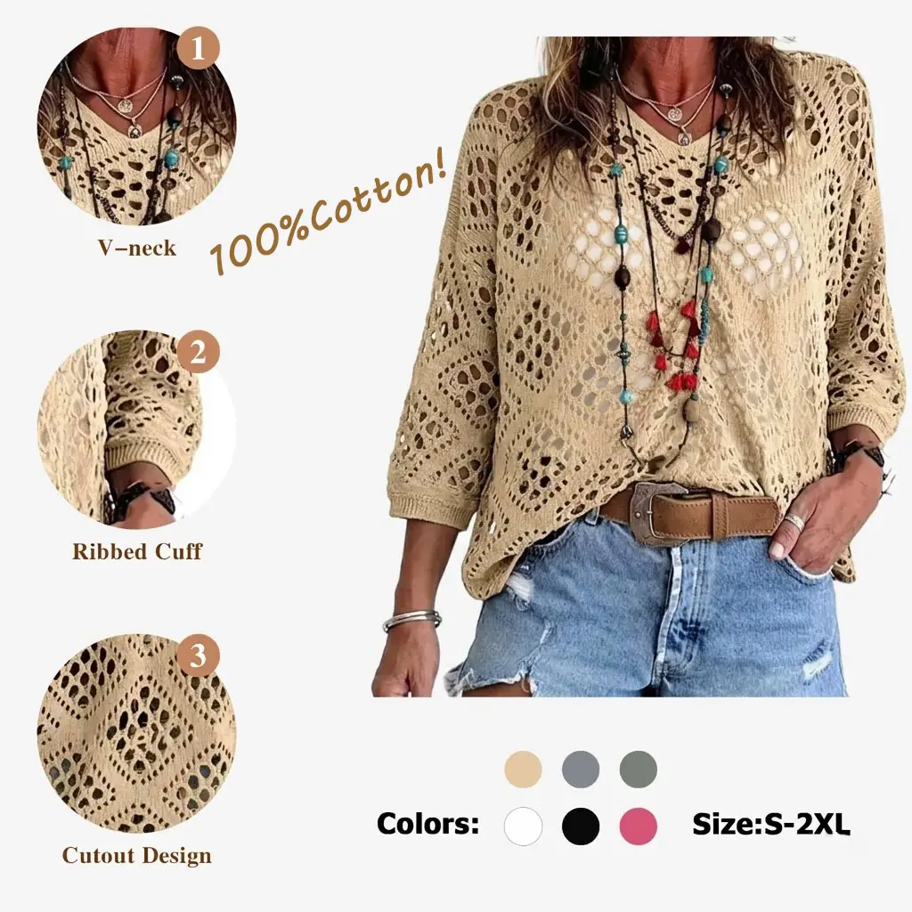 Women's Boho Crochet Knit Top - Lightweight V-Neck, Batwing Sleeves, Loose Casual Hollow-Out Beach Cover-Up, Sizes S-5XL Knitwear, Beach Wear