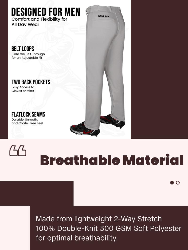 Exxact Sports Home Run Men's Baseball Pants without Piping - Full-Length, Semi-Relaxed Fit, Open-Bottom Adult Baseball Pants - (Grey)