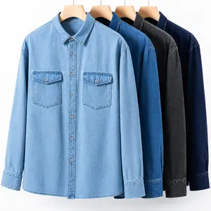 Men's Cotton Long-Sleeve Button-Down Denim Shirt - Menswear Top, Soft Washed Casual Western Overshirt Oxford, Longsleeves