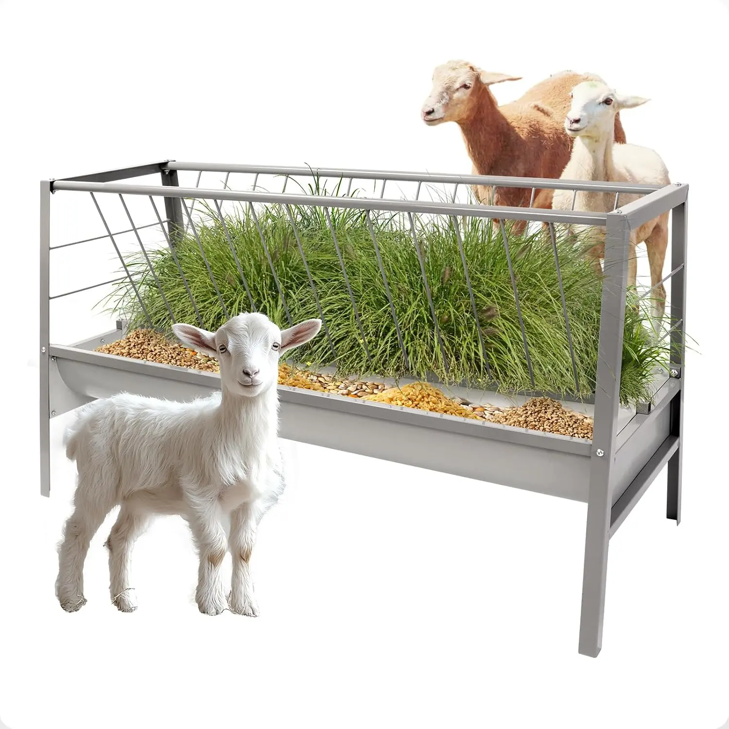 Pasture Hay Feeder 2 in 1 55 Gallon Livestock Feed Trough with 22 Gallon Feed Pan Hay Grain Livestock Feeder for Sheep, Calf, Cow and Horse Animal Feeding