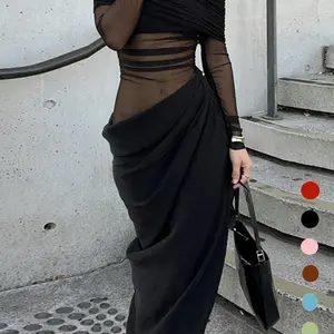 Off-Shoulder Mesh See-Through Sexy Maxi Dress for Women - Long Sleeve, Backless, Summer, Formal Womenswear, Machine Washable, Shirred Design