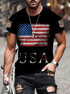 2026 Men's Spring Summer Usa Flag Print T-Shirt, Patriotic Usa Letter Design, Casual Streetwear for Summer, Fitted Short Sleeve Tee，Limited-time holiday offers, fast shipping
