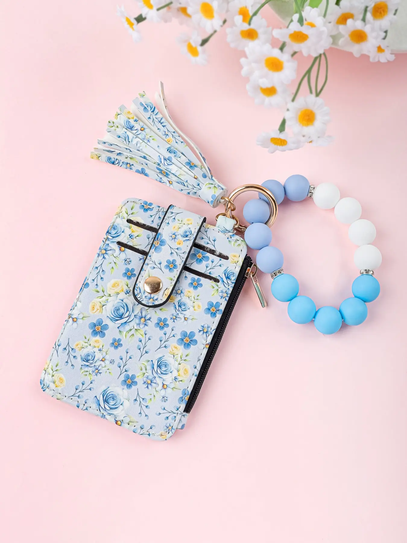 Floral Wristlet Keychain Card Holder, PU Leather with Card Slot and Zipper Pocket, Multifunctional Beaded Keychain, Perfect Mother's Day Gift, Floral Pattern Keychain