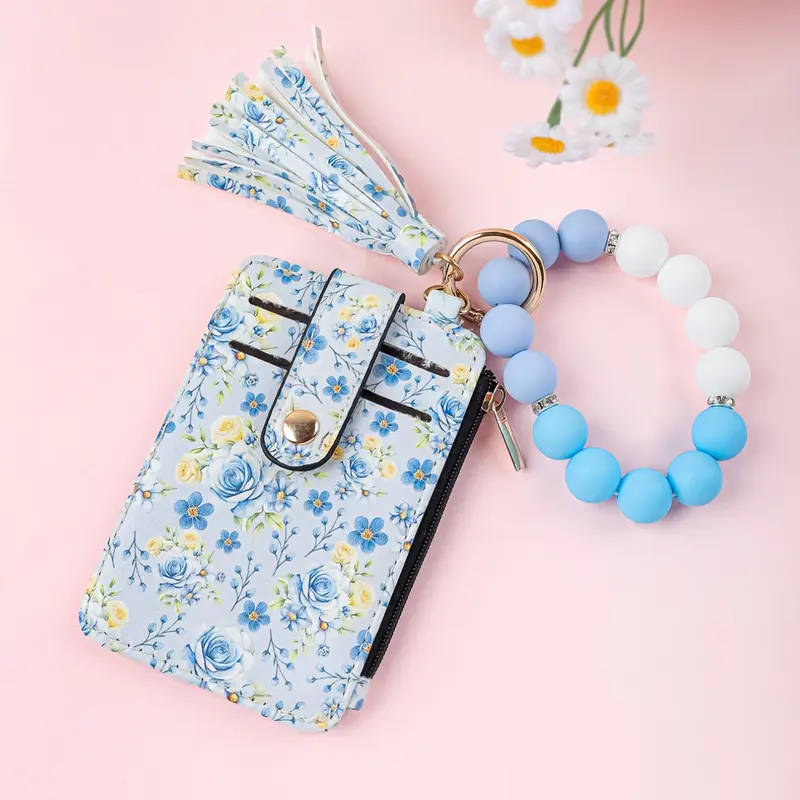 Floral Wristlet Keychain Card Holder, PU Leather with Card Slot and Zipper Pocket, Multifunctional Beaded Keychain, Perfect Mother's Day Gift, Floral Pattern Keychain