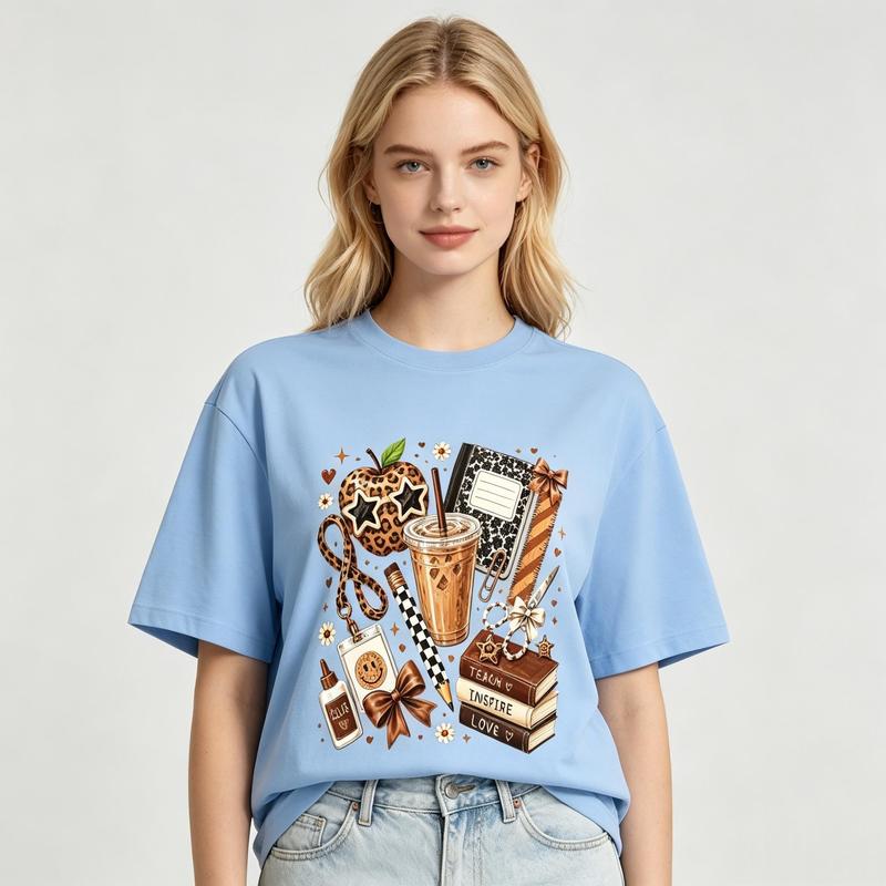 Women's Pure Cotton Cute Fitted Cut Graphic Print Tee - Breathable Casual Crew Neck Top with Leopard Graphic, Teach Inspire Love Print, Coffee Notebook Design, Back to School Gift
