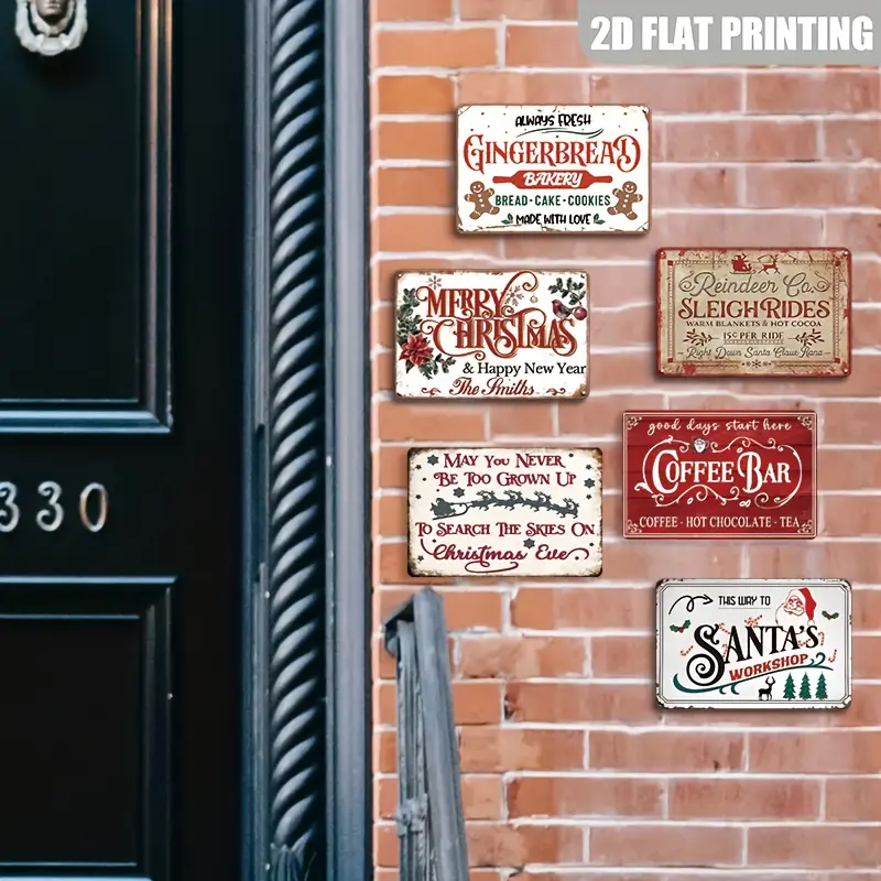 Vintage Christmas Metal Signs - 6pcs 8"x11" Rectangular Hangable Smooth 2D Flat Retro Gingerbread & Santa Themed Durable Iron Wall Decor, Holiday Indoor Home & Cafe Decoration with Buyer Protection, 100% Customer Satisfaction