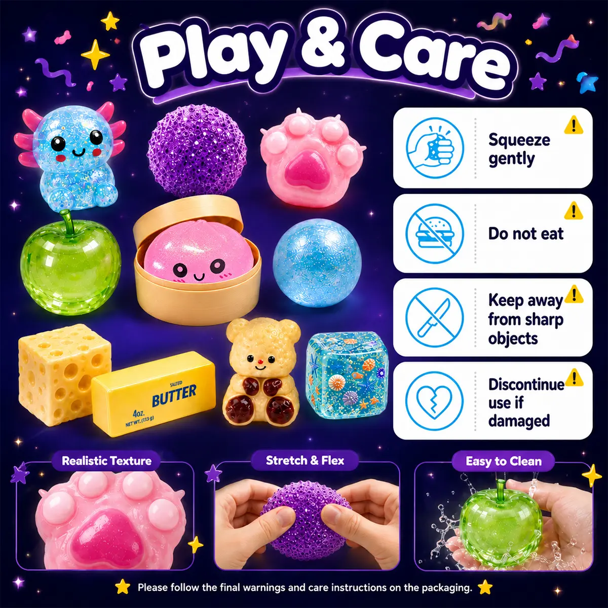 Squishy toy play and care instructions