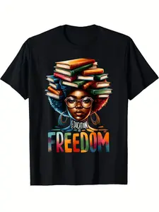 Men's Black History Month T-Shirt - Education Is Freedom African American Woman & Books Graphic Tee - Vintage Civil Rights Apparel Suitable for Teachers Birthday Christmas Gifts Soft Breathable Shirt for African American History Education