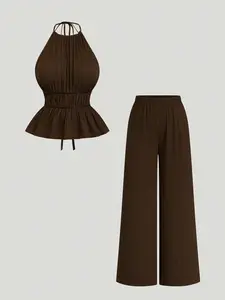 Women's Fashion Comfortable Sexy Waist Gathered Belt Backless Top and Casual Loose Long Pants Set, 2 Piece Outfit