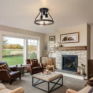 American Country/Industrial Style Semi-Recessed 3-Head Ceiling Light E26/27 Base (Bulbs Not Included) Black Metal Frame with Wooden Decorative Ring Easy Installation Adjustable Height Design Suitable for Various Spaces chandelier lamps Best Sellers