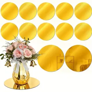 10pc, 20cm golden circular acrylic mirror tray, candle tray, shatterproof acrylic material, suitable for centerpiece decoration of dining tables, wedding decoration, birthday, party decoration, photo props