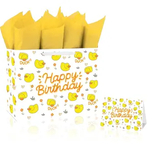 Large 13" Duck Birthday  Bag with Handles, Greeting Card, and Tissue Papers Goose Farm  themed for  Birthday Party, Boys, Girl,  boy,  Shower School Favors