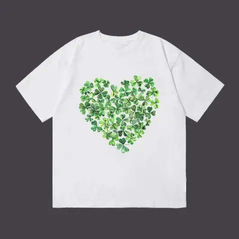 St Patrick's Day Watercolor Clover Heart Vintage Washed Brown Oversized Cotton T-Shirt