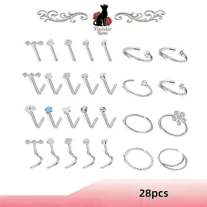 28Pcs Multi-Style Nose Piercing Kit, L-Shaped / Screw / Open Nose Hoops, Stainless Steel with Colored CZ Inlaid, Casual Daily Wear Style