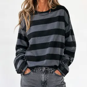 Women's Grunge Striped Knit Sweater Distressed Ripped Hole Pullover Y2K E Girl Goth Oversized Long Sleeve Jumper Lightweight All Season Casual Streetwear Alt Alternative Fashion Trendy Indie Harajuku Aesthetic Cool Top