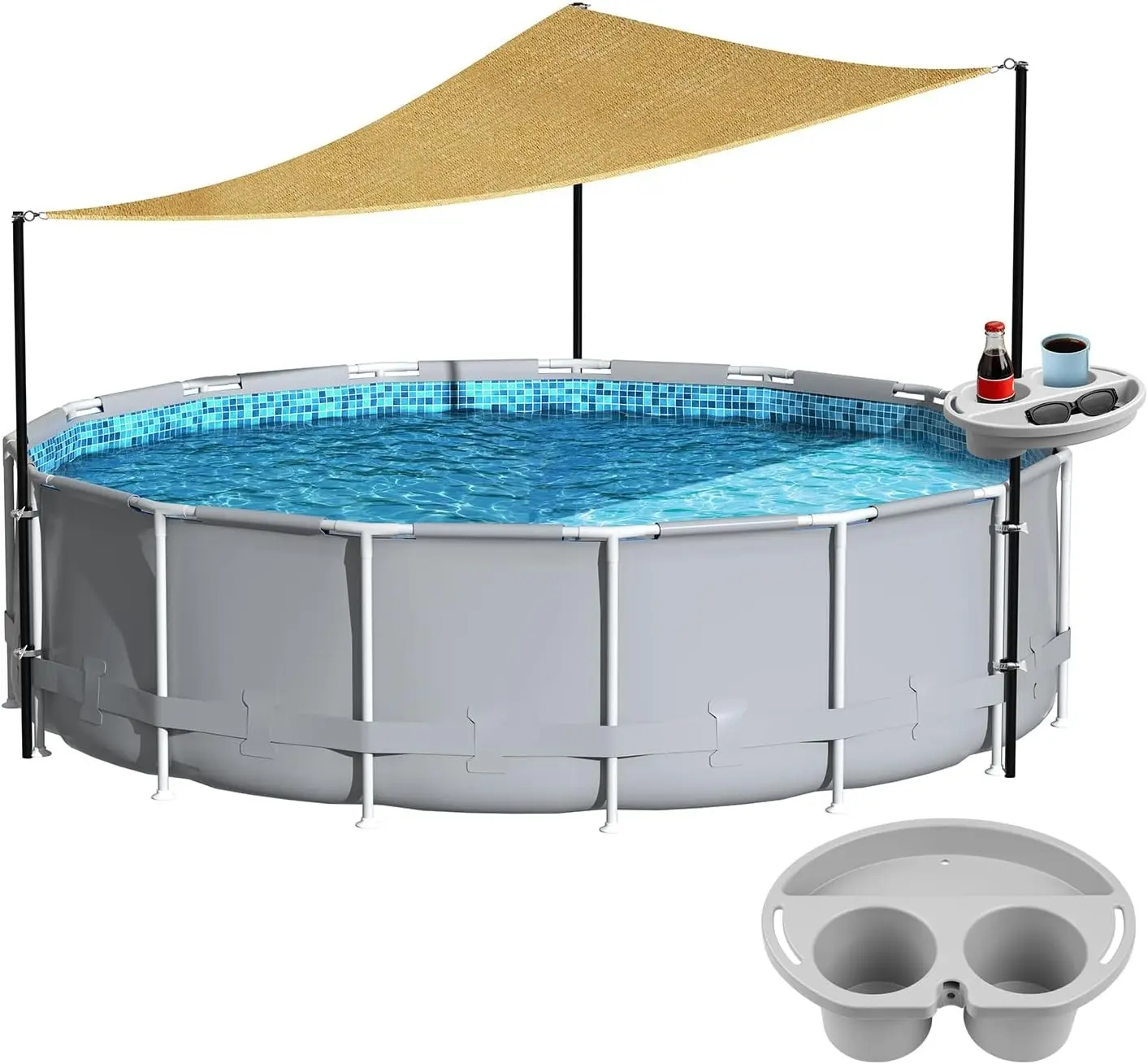 Above Ground Pool Shade Set with Storage Tray UV-Resistant Shade Sail for 15-22 Ft Pools Outdoor Triangular Canopy with Sun Shade Poles for Deck Backyard & Pool Essentials 13x13x13 Ft