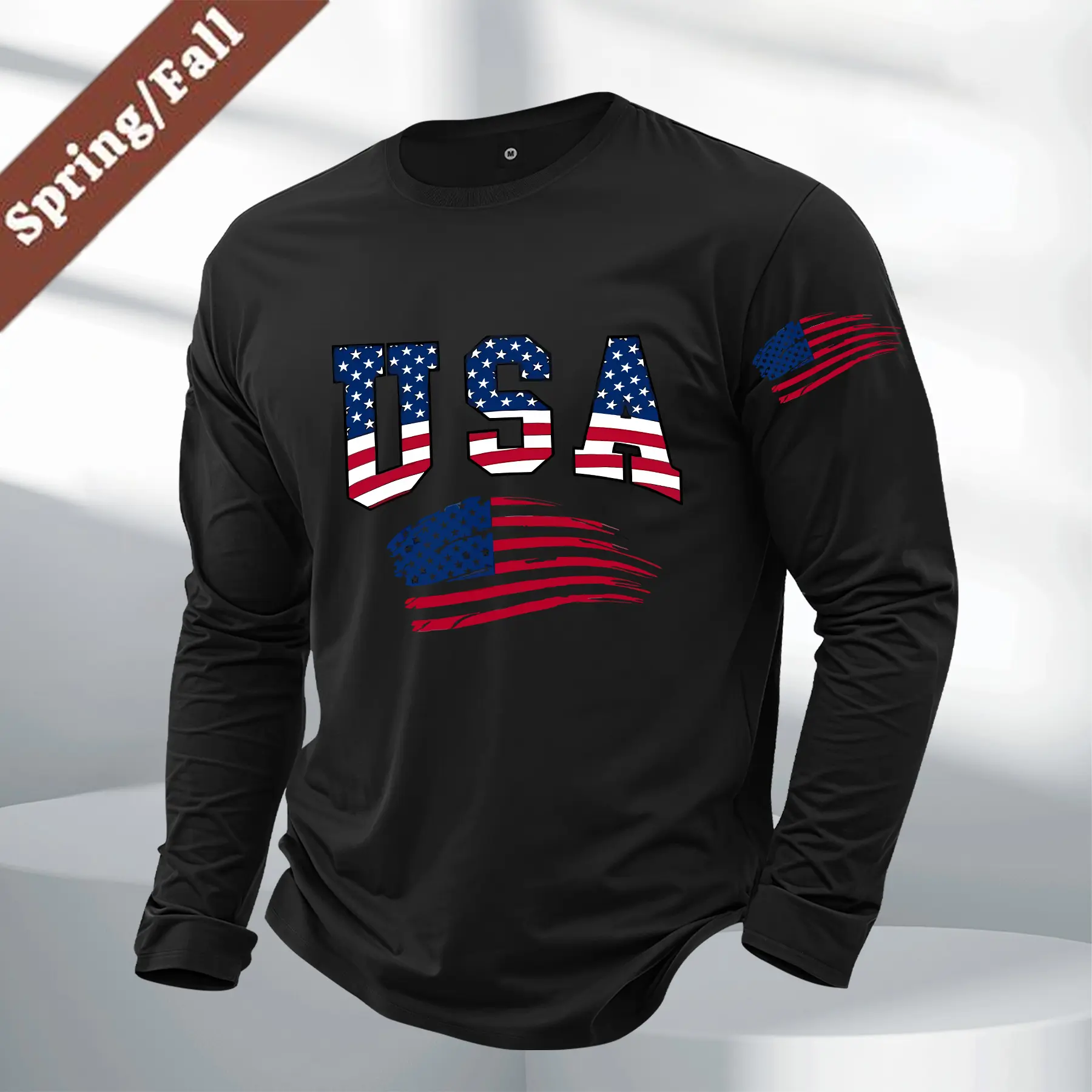 Men's Fitted Graphic Long Sleeve T-Shirt - American Streetwear, USA Letter Logo Print & Flag Design, Crew Neck, Athletic Top, Graphic Print Adds Edge, All Seasons, Gym Use, Stylish Boyfriend Gift