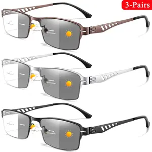 3 Pack Fashion Photochromic Reading Glasses, Metal Frame, High Quality Eyewear, Unisex Blue Light Blocking Eyewear, Classic Style, Multi-Pack, Photochromic Eyeglasses