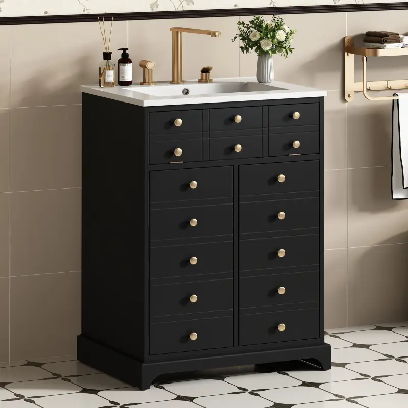 [SOIYELIFE] 24" Black Modern Bathroom Vanity - Solid Wood & MDF Cabinet with Ceramic Sink, Soft-Close Doors & Gold Accents for Small Spaces