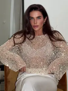 Sexy Sequined Knit Top, Slim Fit Long Sleeve Upper Garment, Unique Style for Bold Women, Elegant Evening Wear Option