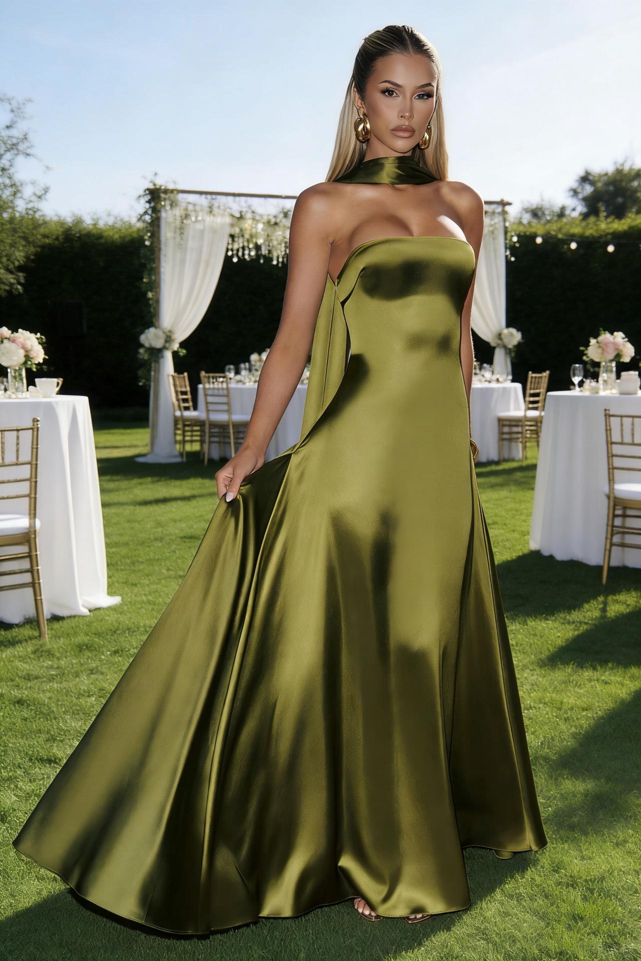 Womens Backless Tube-Top Waist-Cinching Evening Gown Long Dress