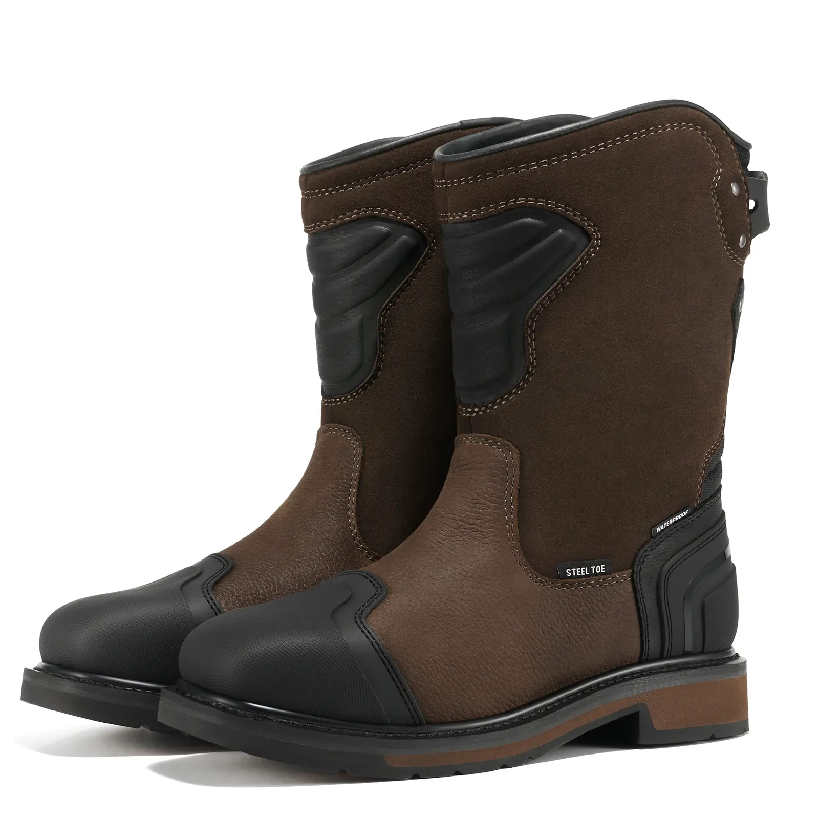 NINGO Men's Full Grain Closed Steel Toe Pull-On Work Footwear - Waterproof, Slip-Resistant, EH Protection, Ergonomic Square Toe, Cushioned EVA, Abrasion-Resistant, All-Seasons, Above-The-Ankle Below-Knee for Industrial Workers