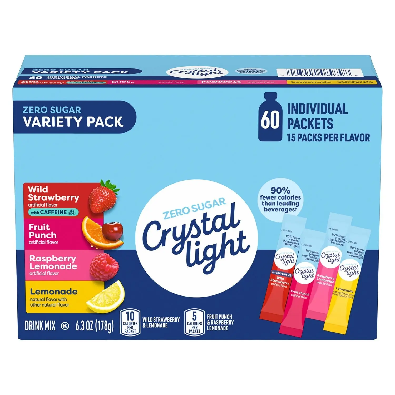 Crystal Light Variety Pack Drink Mix Packets, 60 Count – Sugar-Free Low Calorie Flavored Water Enhancer, On-the-Go Singles, Assorted Fruit Flavors