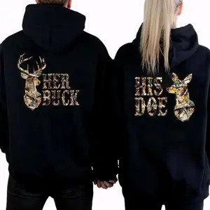 Her Buck His Doe Hoodie Camo Hunting Couple Hoodie Matching Hoodies Pullover for Women for Men Unisex, Perfect Gift Anniversary Clothes