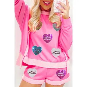 Sequin Heart Round Neck Top and Shorts Set