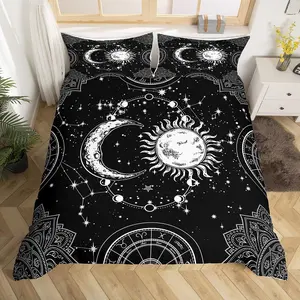 Sun and Moon Bedding Set Constellation Galaxy Comforter Set Cover for Kids Boys Girls Teens Psychedelic Boho Mandala Duvet Cover Celestial Bedspread Cover Black White Room Decor Quilt Cover Queen Size
