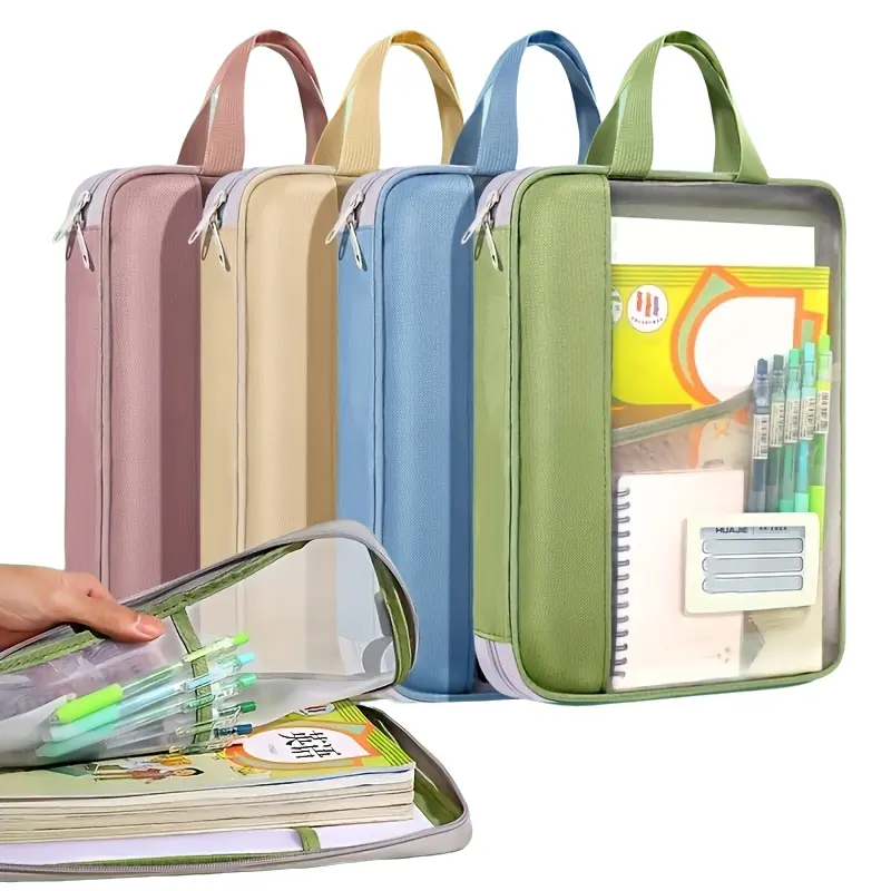 Portable Nylon Transparent File Folder, Student Book Bag with Shoulder Strap, Homework Tutoring Document Organizer, Exam Paper Study Bag, Expanding File, Documents Organizer, Office Supplies