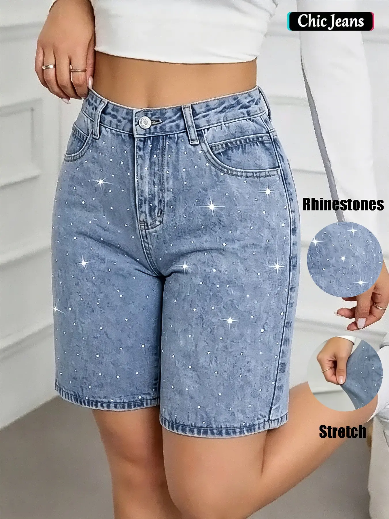 Summer New Women's Casual High-Waisted Slim Rhinestone Elastic Button Denim Shorts, Comfortable Breathable Fabric, Perfect for Summer, Comfy Summer Shorts