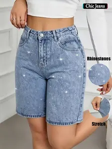 Summer New Women's High-Waisted Slim Rhinestone Elastic Denim Shorts, Comfortable Breathable Fabric, Perfect for Summer