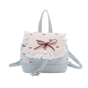 Polka Dot Lace Bow Mini Backpack Cute Y2K Bucket Bag for School & Travel with Heart Charm and Ruffle Detail
