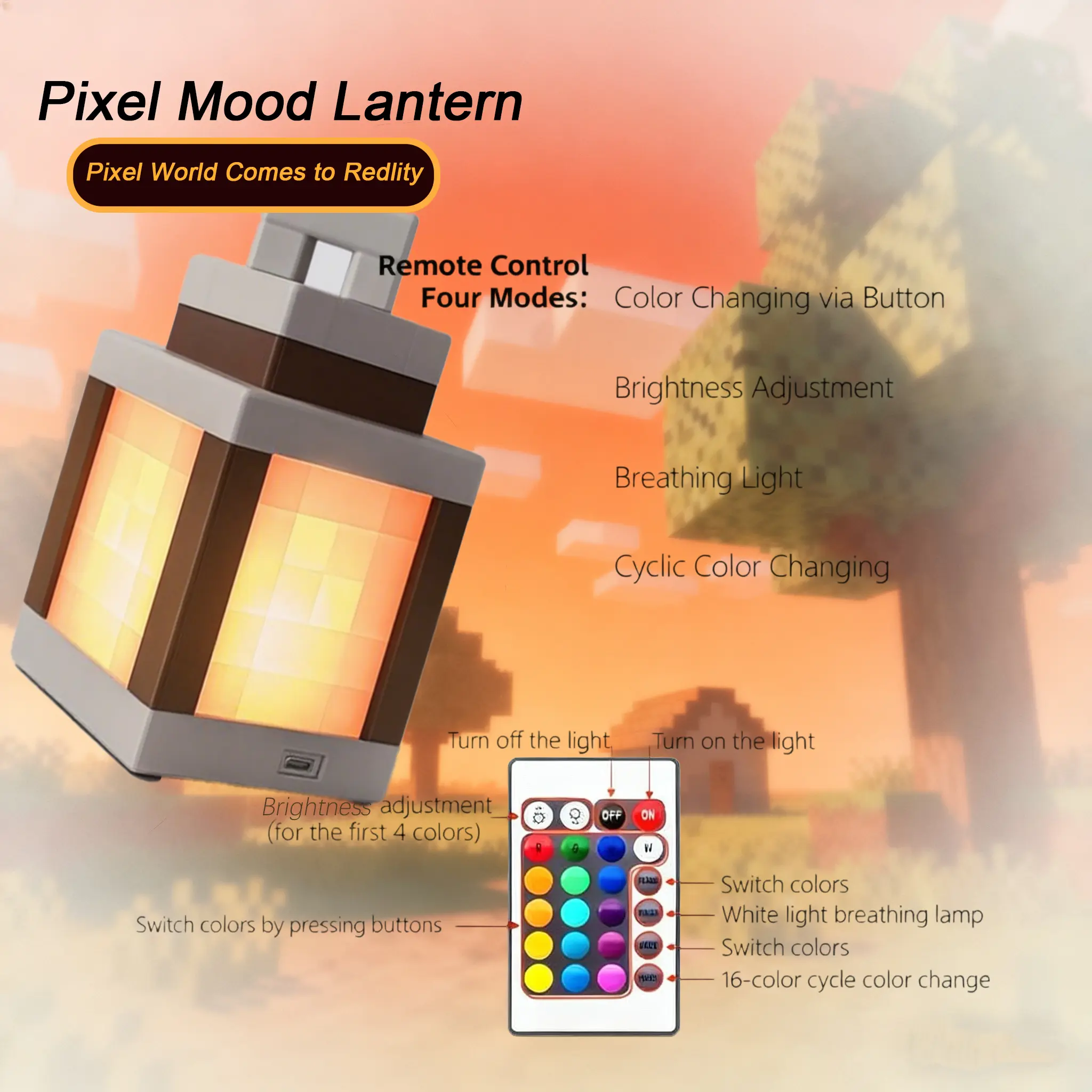 Pixel Mood Lantern by Lumihaven Decor – 16-Color USB-C RGB Lantern