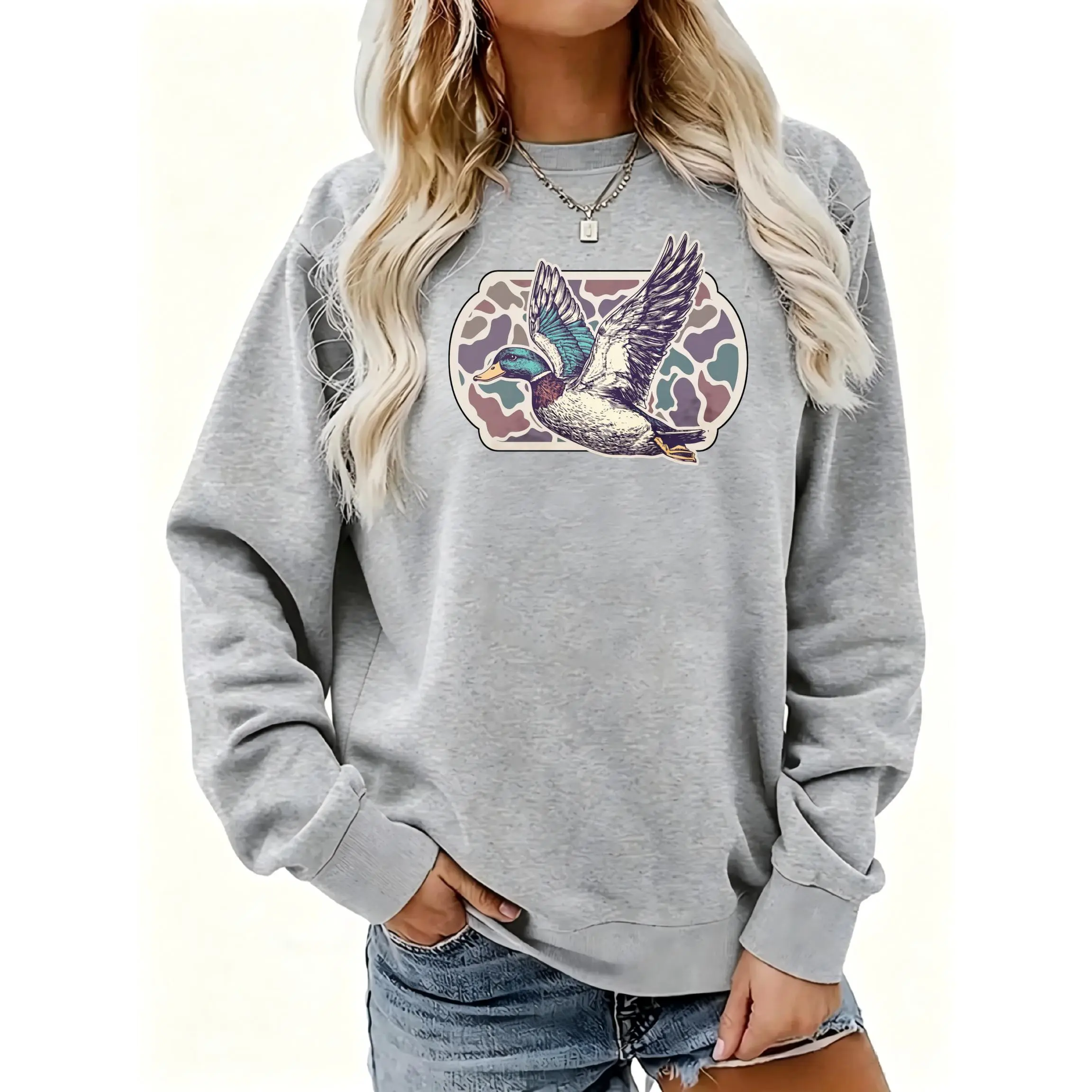 Women's Flying Duck Graphic Print Design Crewneck Sweatshirt | Soft Stretchy Long Sleeve Pullover | Cozy Fall Layering Essential For Casual Daily, Office & Streetwear Looks
