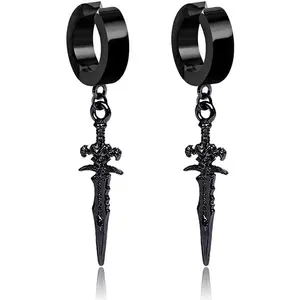 No Piercing Clip On Black Punk Sword Dangle Drop Small Hoop Earrings for Men Women Fake Pierced Punk Religious Christian Hypoallergenic Stainless Steel Hanging Cool Birthday Bff Gift