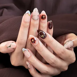 FloraNails |   F012 |   Short Almond |   Handmade Press-On Nails 10PCS |   Acrylic, Reusable, Salon-Quality, Long-Lasting, Glossy Design