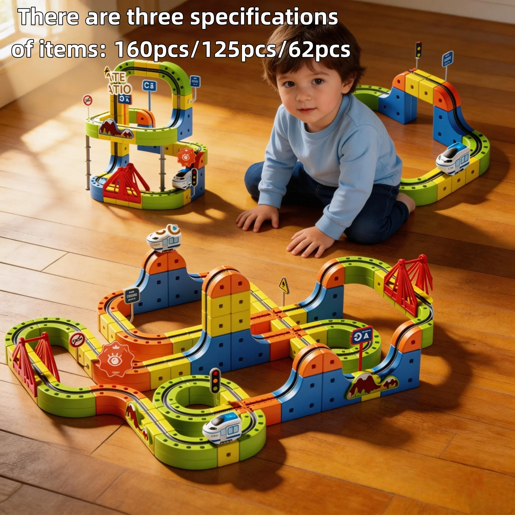 62/125/160pcs Track Toys, Flexible Race Track Sets, Flexible Bendable Track for Toddlers with Electric Train, Traffic Signs, Kids Train Set Toys for 3+ Year Old Boys Girls Birthday Party Gifts,toddler toys