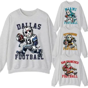 Vintage All Team Football Graphic Sweatshirt, Halloween Horror Character in Jersey, Classic Crewneck Pullover, Unisex Fall Top, Scary Fan Gift Idea
